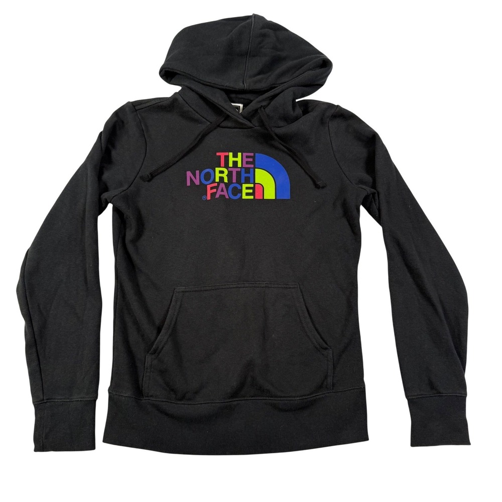 The North Face Womens XS Black Rainbow Logo Pullover Hoodie Sweatshirt Cotton